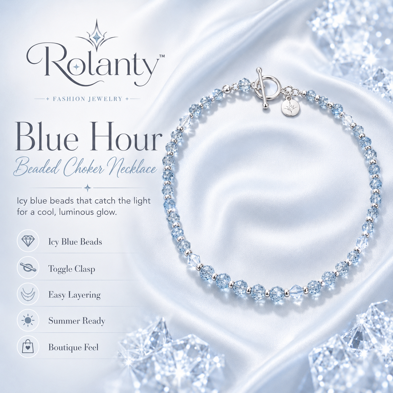Rolanty™ Blue Beaded Choker Necklace for Women, Icy Gemstone Look Necklace, Silver Toggle Clasp Jewelry, Summer Layering Gift