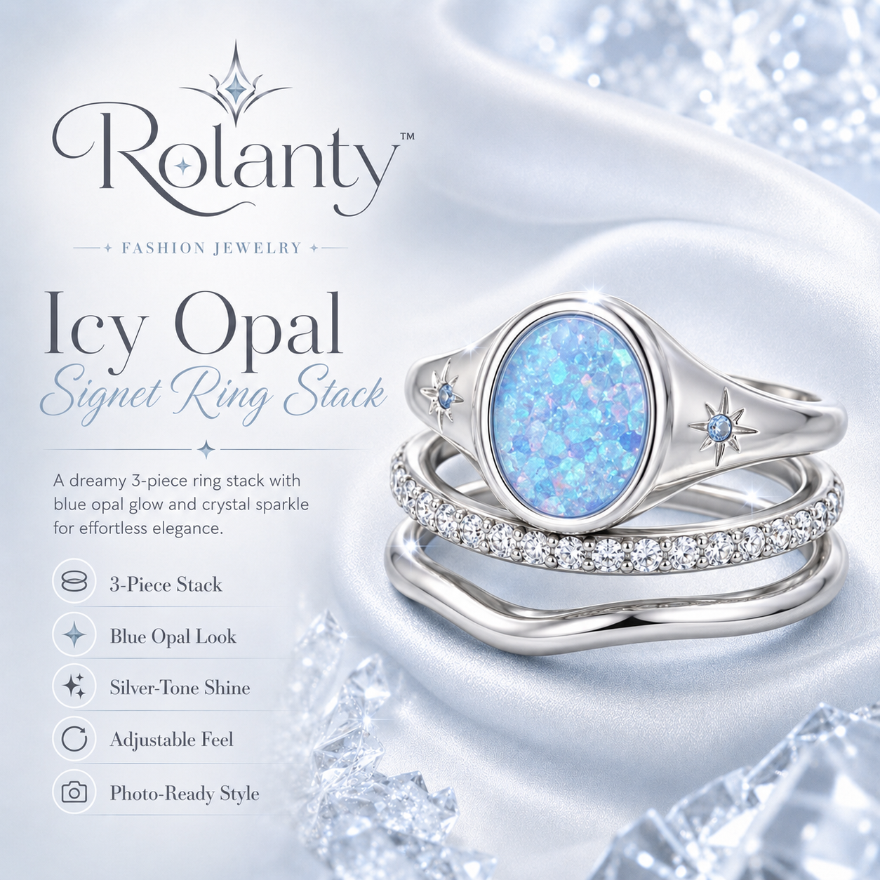 Rolanty™ Silver Ring Stack for Women, Blue Opal Signet Ring Set, Adjustable Statement Rings, Fashion Costume Jewelry Gift