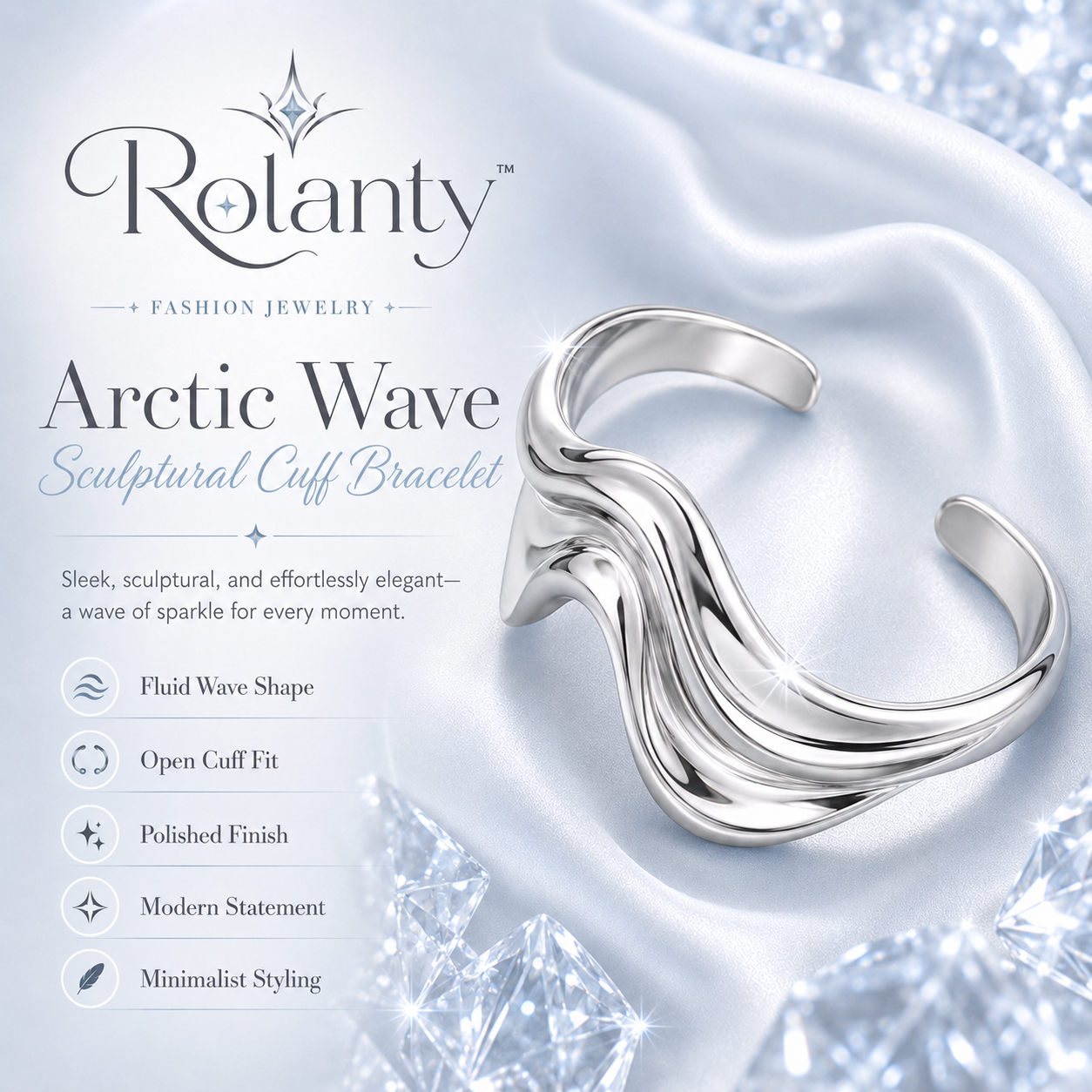Rolanty™ Silver Cuff Bracelet for Women, Sculptural Wave Bangle, Open Adjustable Bracelet, Modern Statement Costume Jewelry