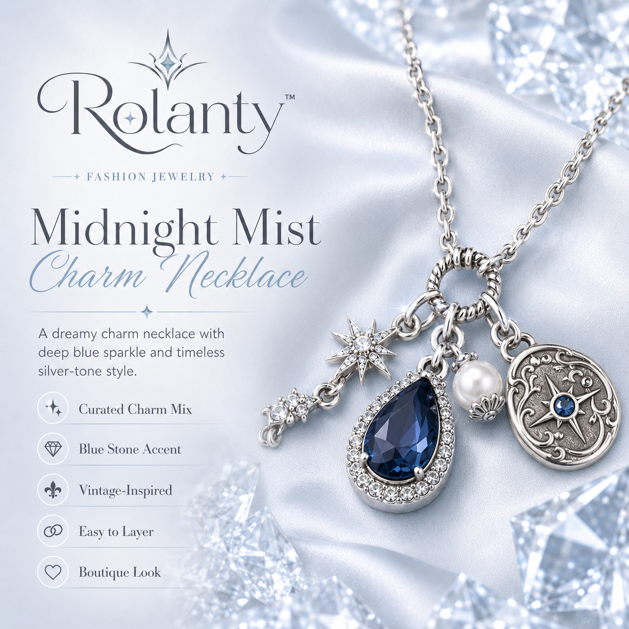 Rolanty™ Silver Charm Necklace for Women, Blue Stone Pendant Necklace, Vintage Inspired Costume Jewelry, Layering Necklace Gift