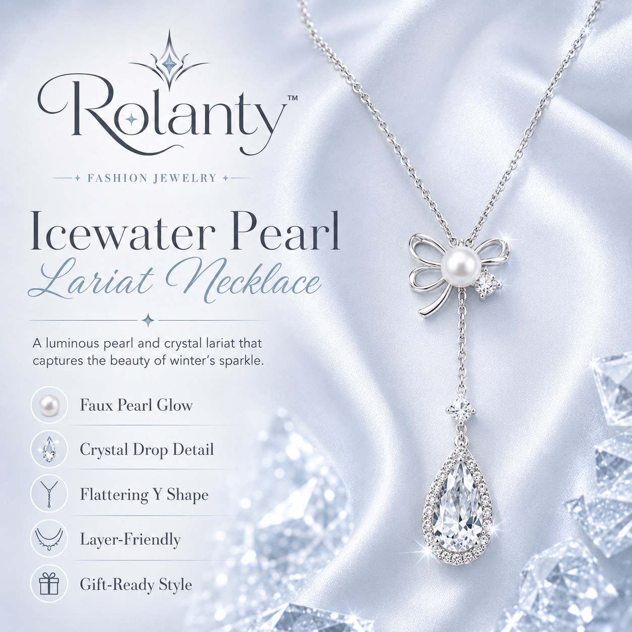 Rolanty™ Pearl Lariat Necklace for Women, Silver Y Necklace, Icy Crystal Pendant Jewelry, Minimalist Bridal Necklace Gift