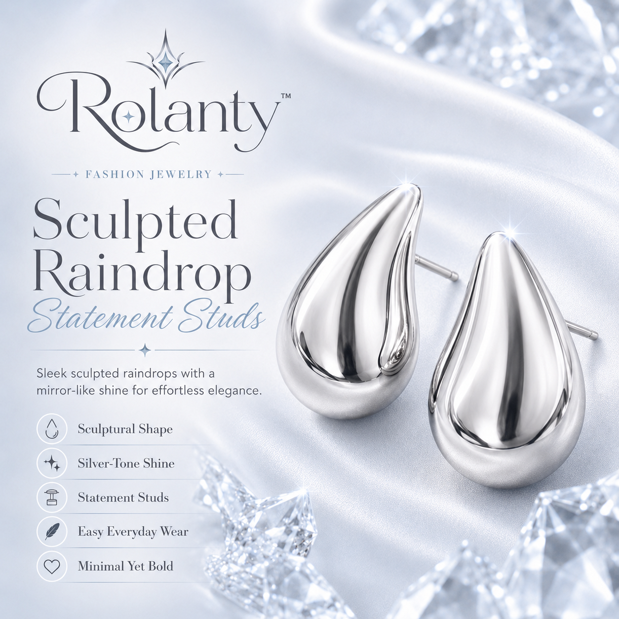 Rolanty™ Silver Statement Stud Earrings for Women, Sculptural Raindrop Earrings, Lightweight Modern Costume Jewelry, Gift for Her