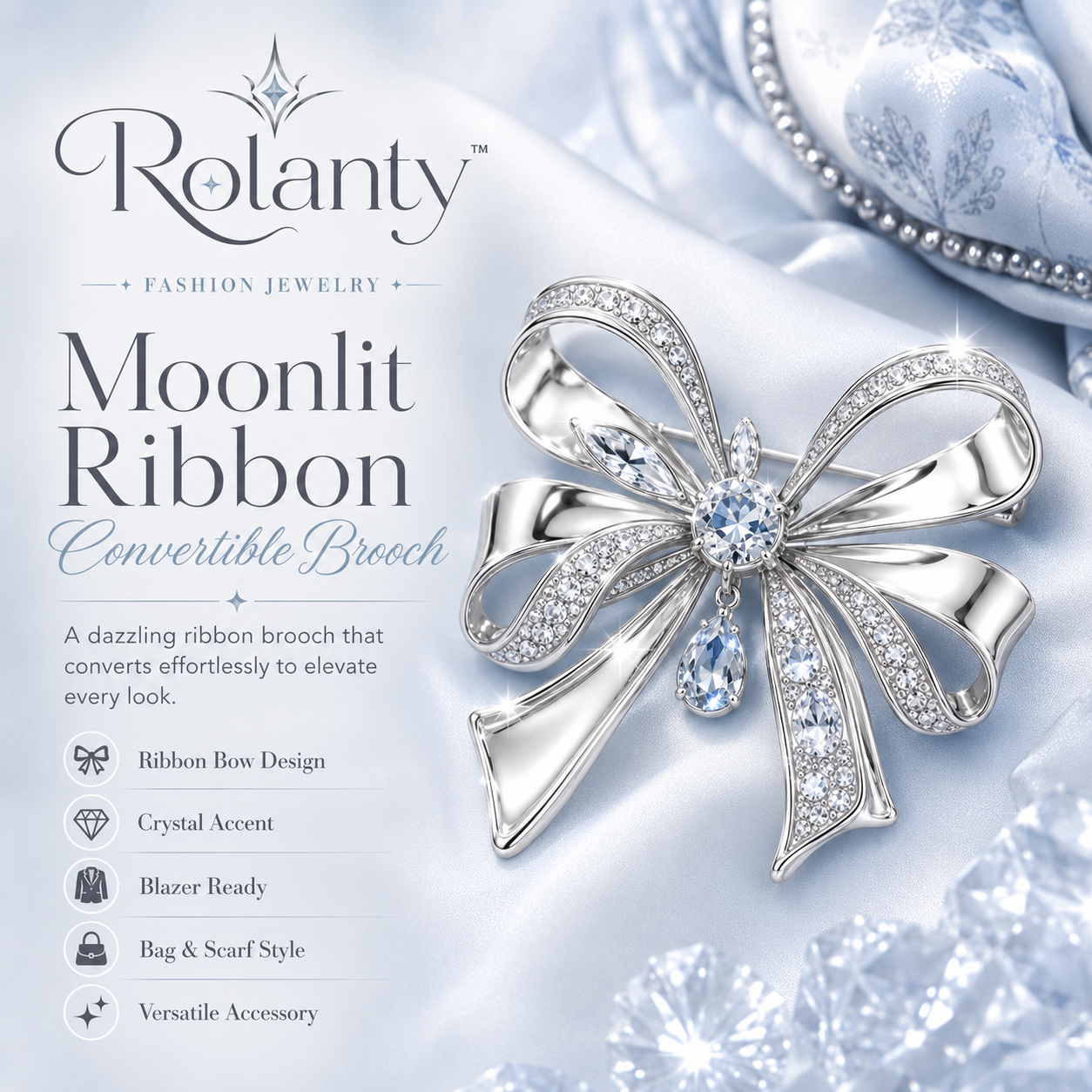 Rolanty™ Silver Crystal Bow Brooch Pin, Convertible Ribbon Brooch for Women, Blazer Bag Scarf Jewelry Accessory Gift